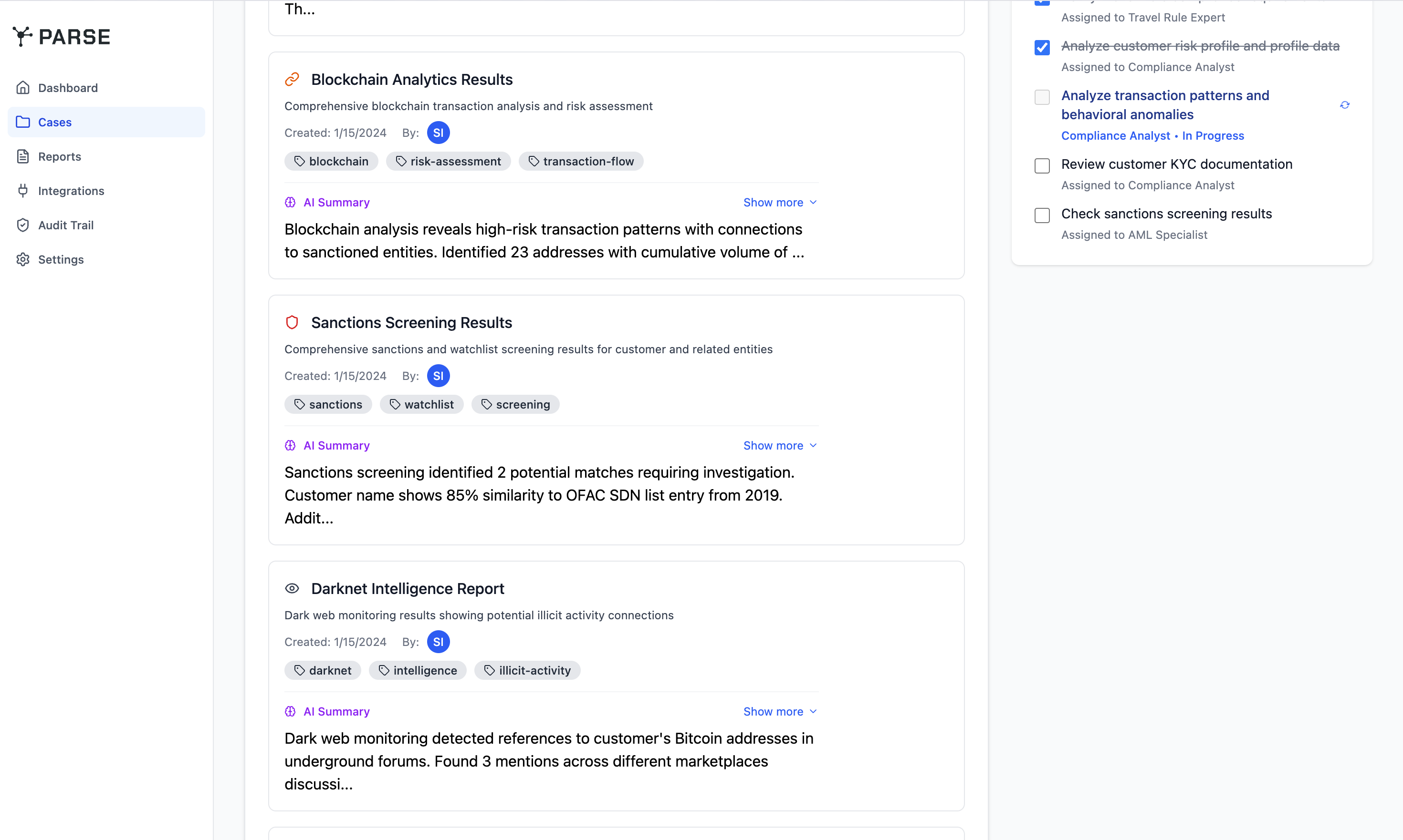 Parse evidence compilation
